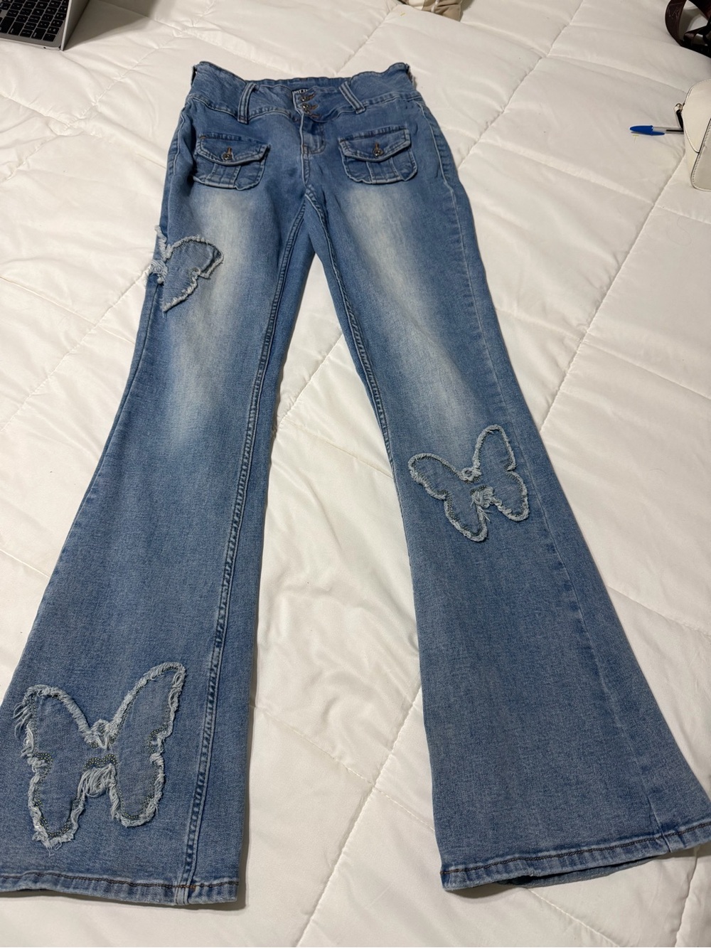 Juniors  Light Blue Flared Jeans with Butterfly Appliqué - Picture 9 of 9